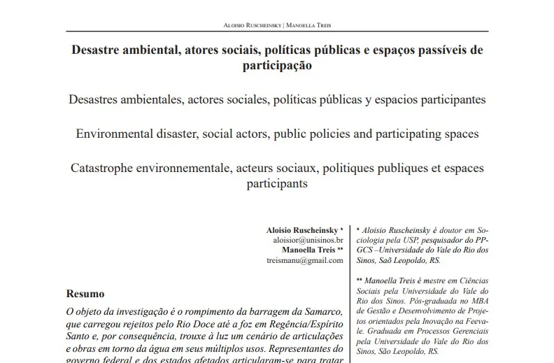 Desastre ambiental, atores sociais, políticas públicas e espaços passíveis de participação.