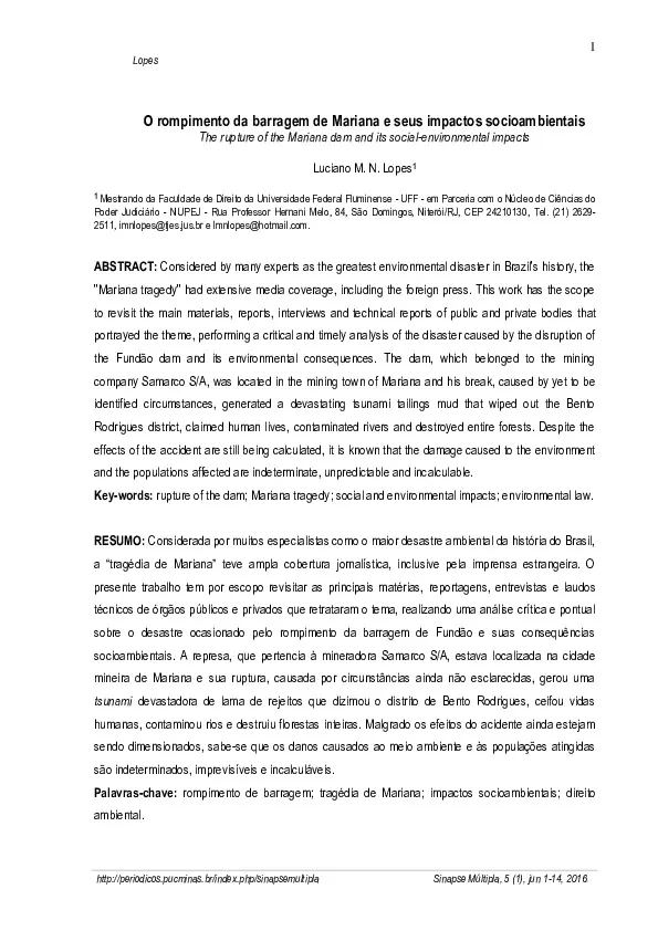 O rompimento da barragem de Mariana e seus impactos socioambientais