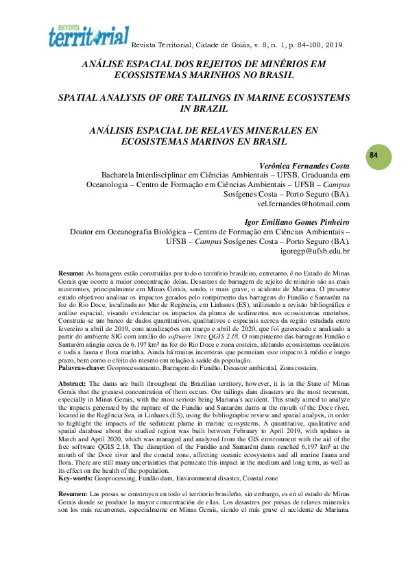 Análise Espacial dos Rejeitos de Minérios em Ecossistemas Marinhos no Brasil