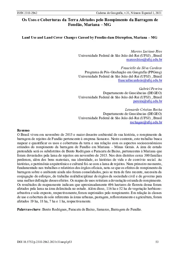Os Usos e Coberturas da Terra Afetados pelo Rompimento da Barragem de  Fundão, Mariana – MG