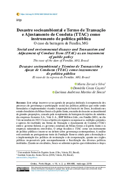 Desastre socioambiental e Termo de Transação  e Ajustamento de Conduta (TTAC) como  instrumento de política pública: O caso da barragem de Fundão, MG