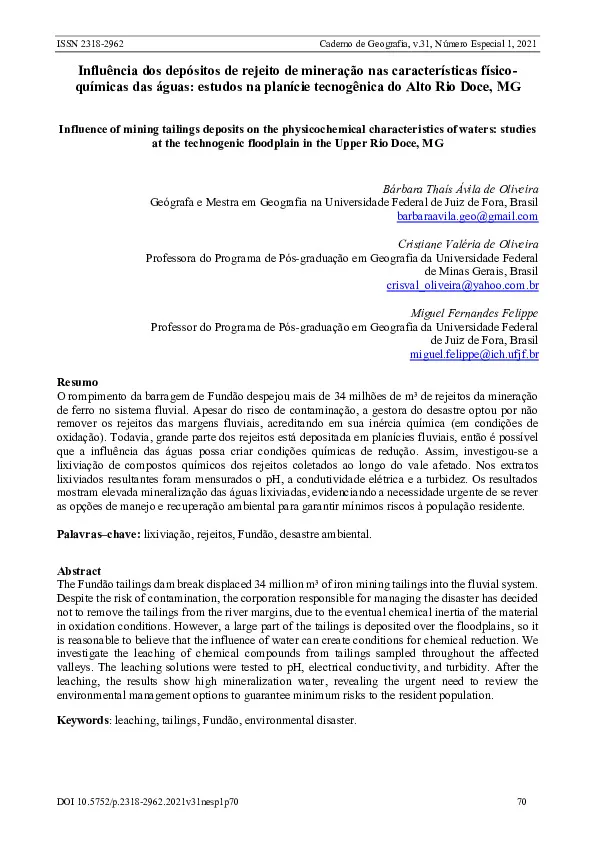 Influência dos depósitos de rejeito de mineração nas características físico-químicas das águas estudos na planície tecnogênica do Alto Rio Doce, MG