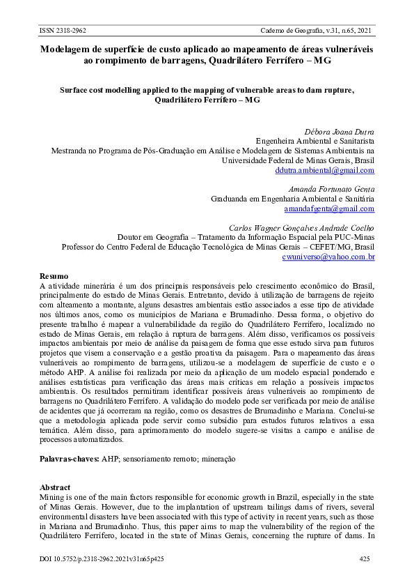 Modelagem de superfície de custo aplicado ao mapeamento de áreas vulneráveis ao rompimento de barragens, Quadrilátero Ferrífero – MG