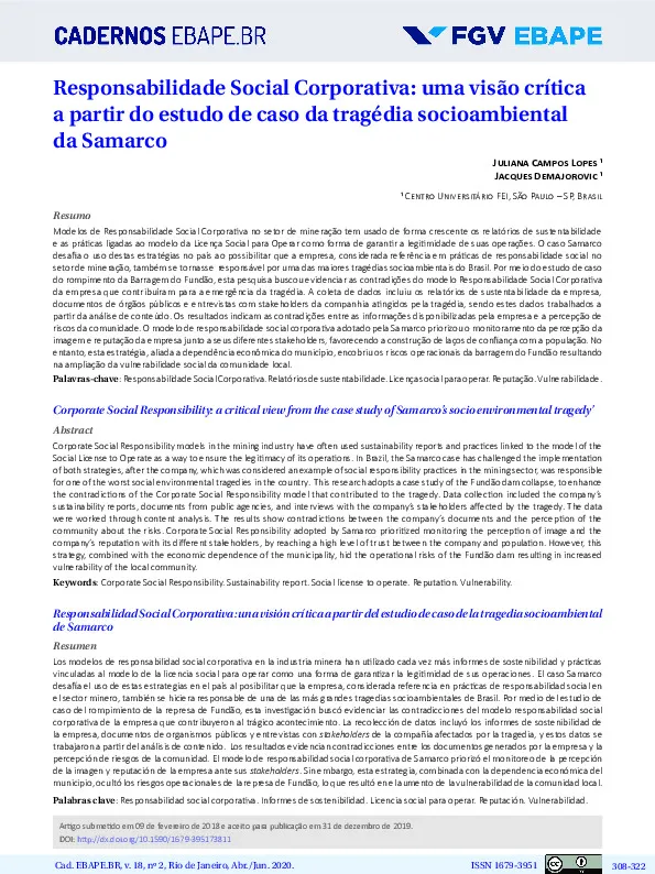 Responsabilidade Social Corporativa: uma visão crítica  a partir do estudo de caso da tragédia socioambiental  da Samarco