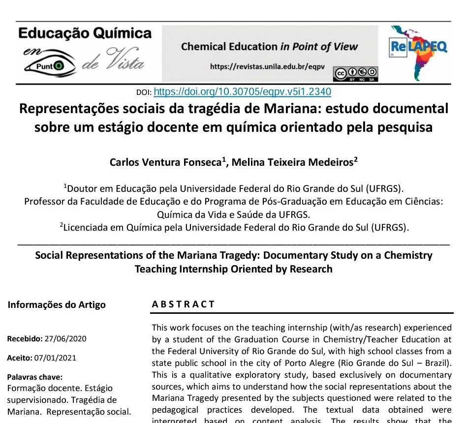 Representações sociais da tragédia de Mariana: estudo documental sobre um estágio docente em química orientado pela pesquisa.