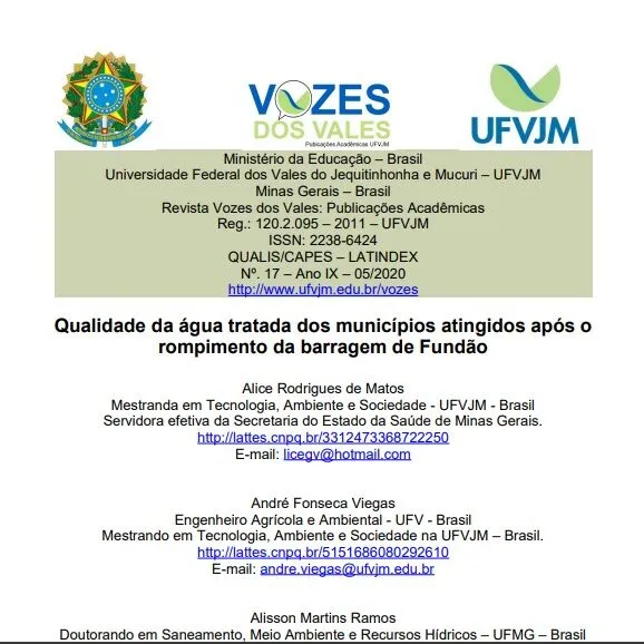 Qualidade da água tratada dos municípios atingidos após o rompimento da barragem de Fundão.