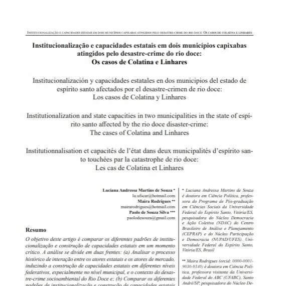 Institucionalização e capacidades estatais em dois munícipios capixabas atingidos pelo desastre-crime do rio Doce: Os casos de Colatina e Linhares.